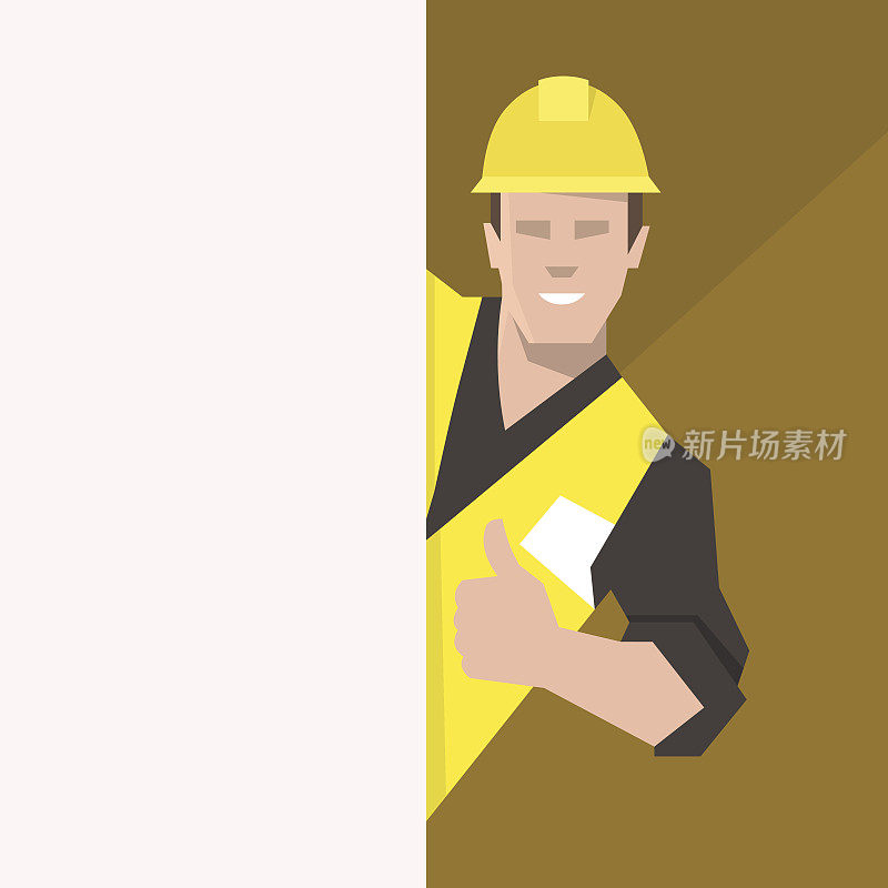Construction worker behind the blank banner, giving thumbs up. Flat vector illustration.